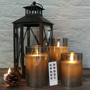 Glass Battery Operated LED Flameless Candles with Remote and Timer, Real Wax Candles Warm Color Flickering Light for Festival Wedding Home Party Decor(Pack of 3)-Grey